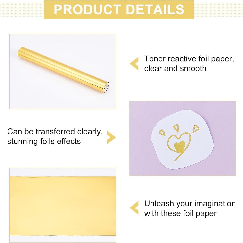 SUPERFINDINGS 1 Roll Gold Toner Reactive Foil 16.4Ftx7.7in Metallic Transfer Foil Paper Transfer Sheets for Laser Printer+Laminator DIY Craft Embossing Scrapbooking Cards Leather DIY Decoration