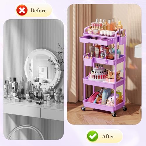 Image of SUNALLY Makeup Cart Organizer with Drawer,4 Tier Rolling Makeup Cart,Purple