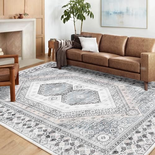 GarveeHome Large Area Rug 9x12 Washable Rug Low Pile Rug Bohemian Tribal Bedroom Rug Stain Resistant Ultra-Thin Non-Slip Distressed Carpet, Beige/Grey