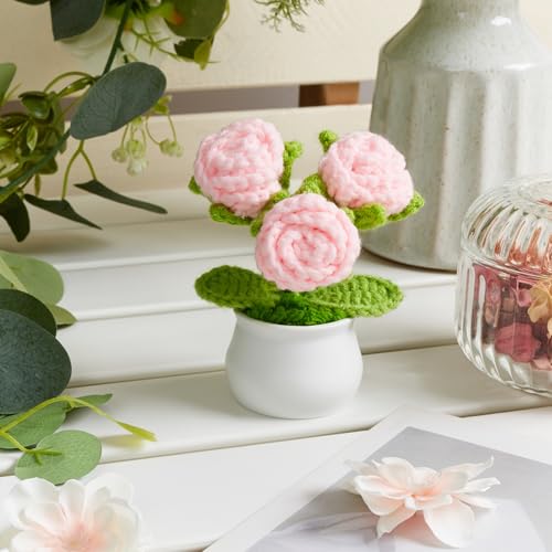 MAIBAOTA Pink Roses Crochet Flowers Knitted Handmade Flower Potted Plants Bouquet Artificial Faux Flowers Home Office Desk Decor Decorations Valentine's Day Gifts for Women - Image 3