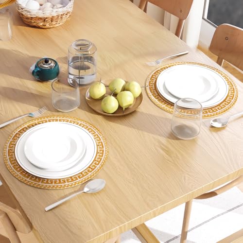 Image of Dining Table Mats Set of 2 | Cotton Table Mat 32 cm Diameter, Encasa XO Washable Round Table Mats, Heat Resistance Dining Table Placemats, Handmade Ribbed Style for Centre Table, Mustard Mandala Print