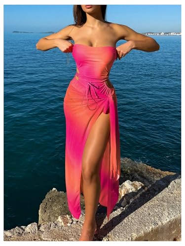 Milumia Women's Ombre Strapless Cut Out One Piece Swimsuit with Cover Up Skirts2