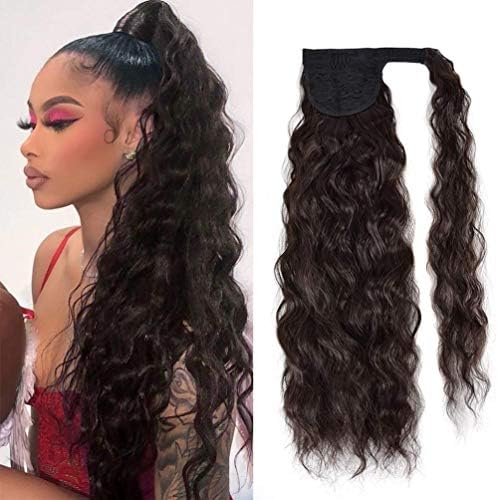 YEAME Corn Wave Ponytail Extension Clip in - 22 Inch Long Wavy Curly Wrap Around Pony Tail Heat Resistant Synthetic Hairpiece for Women (Black Brown #2)