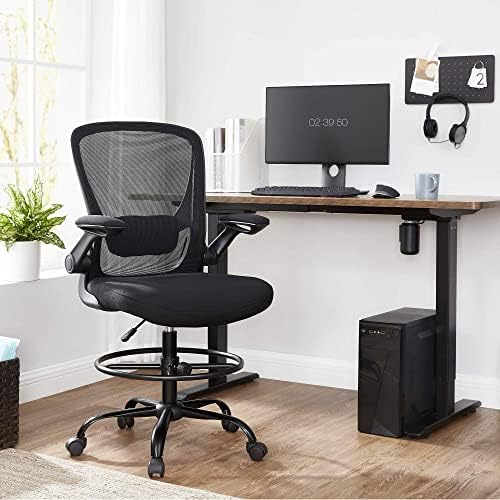 SONGMICS Drafting Chair with Flip-up Armrests, Mesh Office Chair, Ergonomic Painting Chair with Height Adjustable Lumbar Support and Footrest, for Standing Desk, Bar Counter, Black OBN026B02