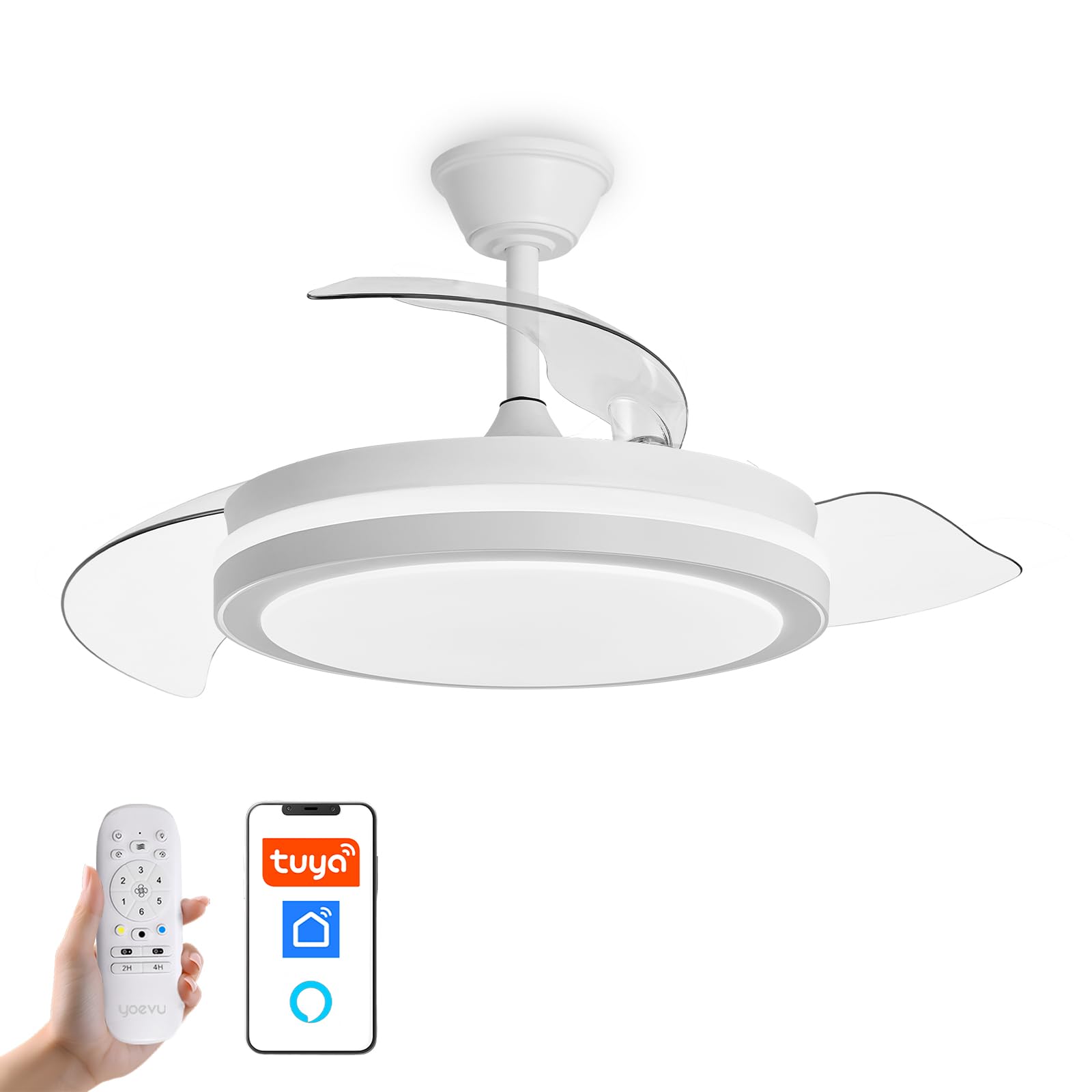YOEVU ESPARTAN - Ventilador de techo con luz led | Motor DC | Compatible con ALEXA | Aspas retractiles | 3 tonalidades y 6 velocidades (ESPARTAN) Etiqueta Energética