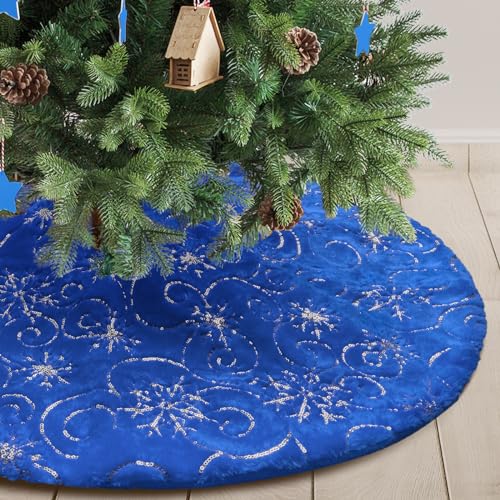 Atiming Blue Plush Christmas Tree Skirt Large 48 inches Fur Christmas Tree Skirt with Silver Sequin Snowflakes Xmas Tree Skirt Mat for New Year Christmas Holiday Decorations - 122cm