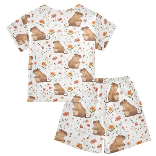 ALAZA Lovely Capybara Flower White Pajamas Short Sleeve 2 Piece Sleepwear Top and Bottom Pajama Set Unisex2