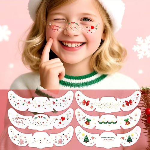 6 Sheets Christmas Face Glitter Freckles for Girl Women,Snowflakes Christmas Trees Dot Stars Face Temporary Tattoos for Kids Girls Party Birthday Favors Supplies Gifts