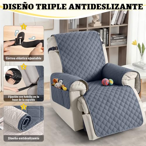 Miniatura 5 de Taococo Funda Sillon Relax Reclinable 1 Plaza, Funda Sofa Impermeable Para Mascotas Con Bolsillo, Ajustable Elástico, Fundas Sillon Relax Reclinable Antiarrays Y Antimanchas Gris Azulado, 25 Inch