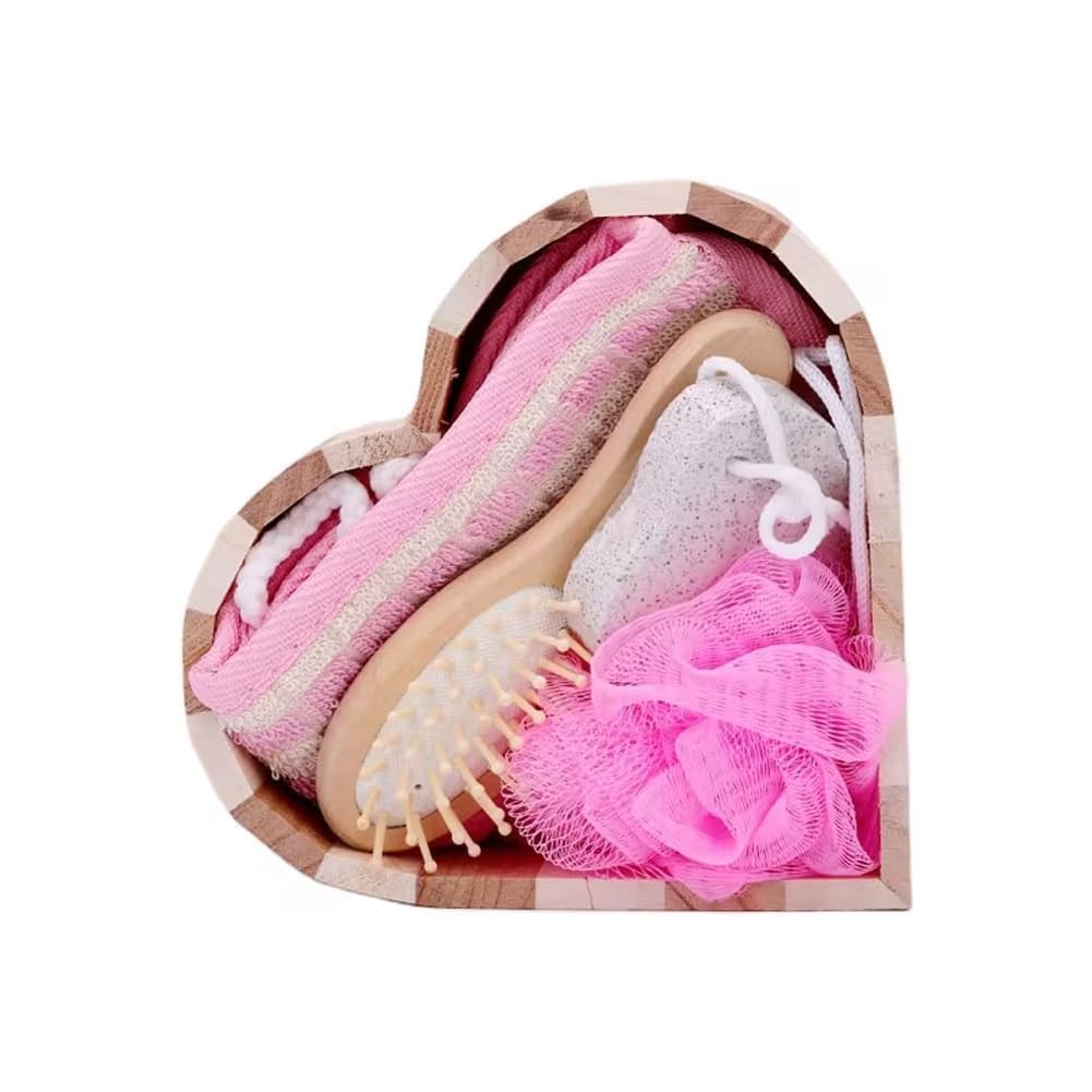 Heart Shaped Bath Gift Set for Women, Pink Spa Gift Basket with Wooden Body Brush, Bath Towel, Shower Loofah, Bath Sponge & Face Cloth, Self Care Gift for Birthday, Valentine's Day, Mother's Day & Christmas [Pack of 1]-image-30