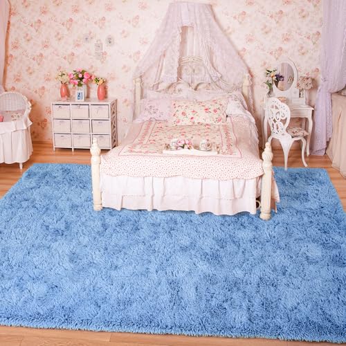 Keeko Fluffy Blue Area Rugs for Bedroom Kids Room, 6x9 Cute Shag Fuzzy Baby Rugs Living Room Soft Furry Large Bedroom Carpet Indoor Bedside Rug for Teen Boys Girls Nursery Dorm Decor