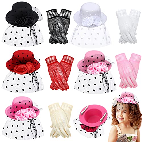 Chunyin Girls Tea Party Hats Mini Hat Hair Clip Fascinator Veil Mesh Hat and Gloves Sets Tea Party Accessories for Girls Kids Children 5.3'' Diam