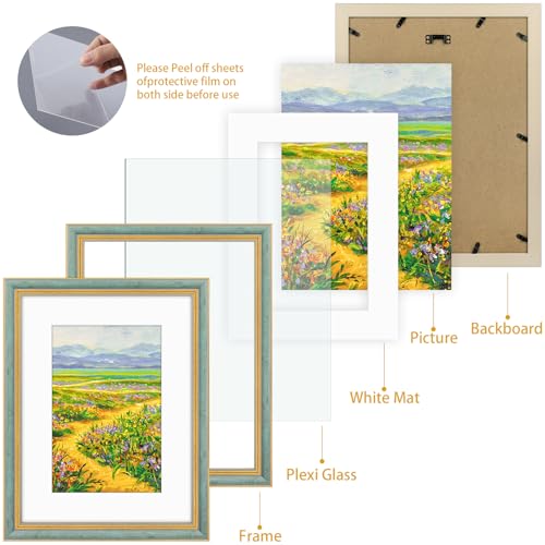 Image of Golden State Art,12x16 Ornate Picture Frame Holds 8x12 Photo,Blue Gold | Includes plexiglass front,white mat,build-in hangers and buttons.Displays 8x12 photo on wall