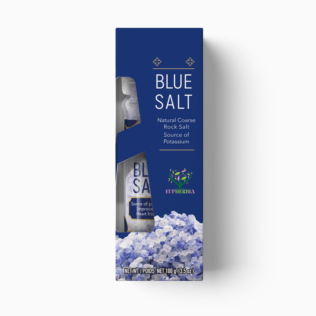 EUPHERBIA Blue Salt, Coarse, Rare Mineral Salt, High Potassium, Lower Sodium, Natural, Unprocessed, Hand Harvested, Kosher Certified, 100g (3.5 Oz)