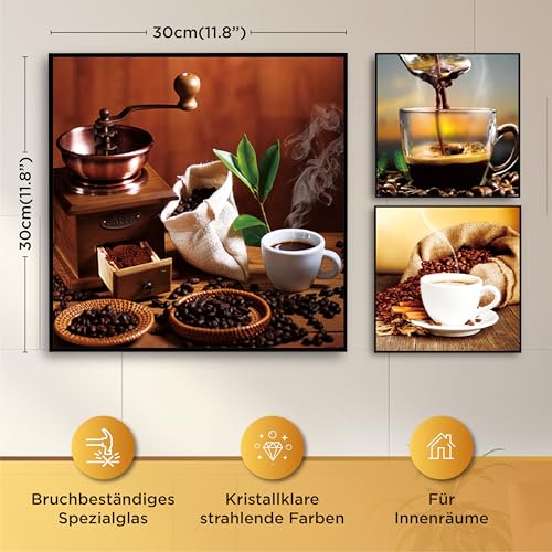 BERLIG Glasbilder Set 3er 30x30 cm Sicherheitsglas – Moderne Wandbilder für Wohnzimmer, Küche & Bad – Sonnenuntergang, Strand, Kaffee & Spa – inkl. Geschenkbox
