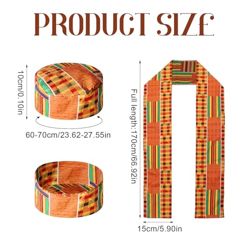 2 Pcs African Kente Pattern Kufi Hat Men Kente African Print Stole Sash for Black African History