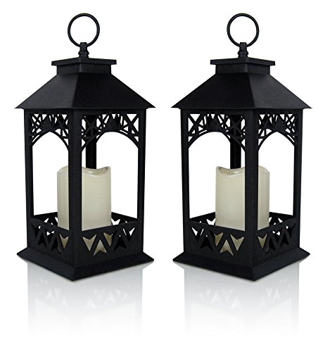 Black Lighted LED Lanterns with Lattice Design - Pillar Candle with 4 Hour Timer Included - Remote Control - Hanging or Sitting Decoration - Set of 2 - 13