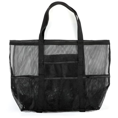 Beach Bag,Multi-Pocket Mesh Beach Bag,Durable & Lightweight Mesh Tote Bag,Beach Bags for Women,Mesh Tote Bag for Vacation,Beach Travel Essentials,42x39x20cm,Black