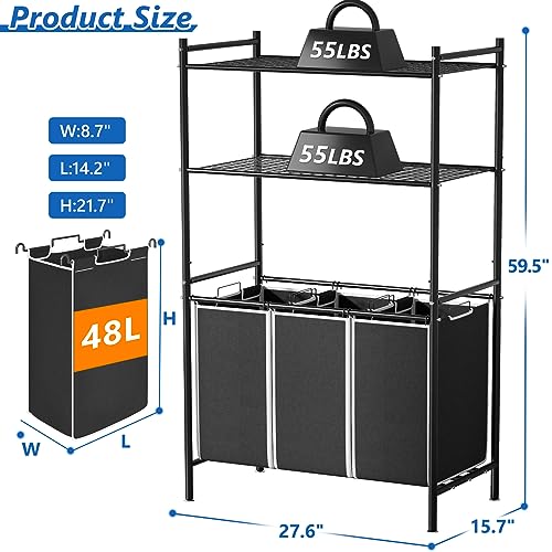 Raybee Laundry Sorter 3 Section Laundry Hamper Sorter with Adjustable Storage Shelf 145L Laundry Basket Organizer with Removable Bag 3 Compartment Laundry Hampers for Laundry Room Organization Baskets - Thumbnail 4
