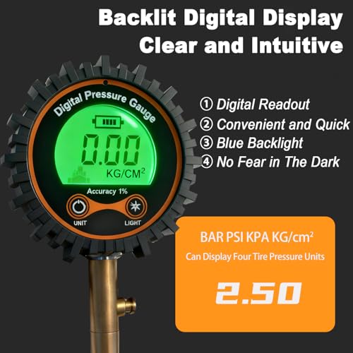 Image of SUVCARMPING 250 PSI Digital Tire Pressure Gauge, Heavy Duty Tire Deflator with Gauge & Backlit LCD (±1% Accurate), Professional Air Pressure Gauge Kit with 4-Way Valve Tool, Caps Cores for Car Truck