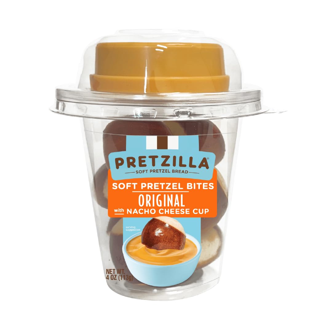 Pretzilla Soft Pretzel Bites To-Go Cup with Nacho Cheese Dip, Original Flavor, Case of 15 x 4 oz Cups, Fully Baked Frozen Pretzel Snack Pack, Made in USA