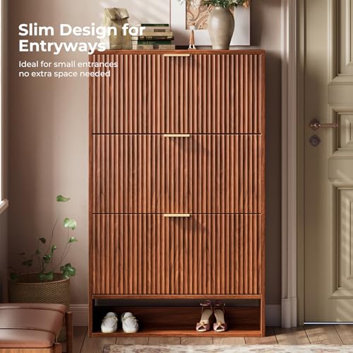 Image of Evermagin 31.5''W Walnut Shoe Cabinet Storage for Entryway, Fluted Slim Shoe Dresser with 3 Flip Drawers, Narrow Shoe Rack Cabinet, Hidden Shoe Organizer Cabinet for Entrance, Hallway