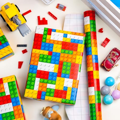 Wikadlik Wendbares Geschenkpapier mit Bausteinen, buntes Design mit Gitterschnittlinien, Geschenkpapier für Kindergeburtstag, Vatertag, Schulabschluss, 43 cm x 10 m