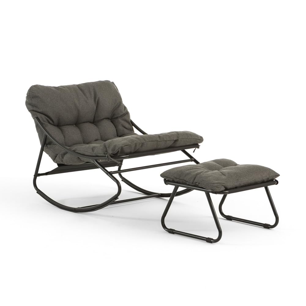 SIEDITI FUORI E DENTRO Poltrona a dondolo con poggiapiedi e cuscini imbottiti, sedia a dondolo da lettura e relax per veranda, terrazza - Adelaide (Grigio scuro)