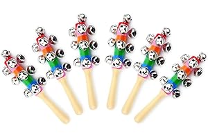 6Pcs Wooden Hand Bells,Rainbow Handle Wooden Bells Jingle Stick Shaker Rattle Musical Toy Instrument