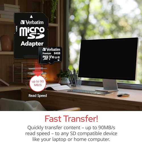 Verbatim Carte mémoire microSDXC Premium 64 Go noire avec adaptateur - pour capture vidéo full HD - résiste à l'eau & aux chocs - carte mémoire SD pour appareil photo smartphone tablette