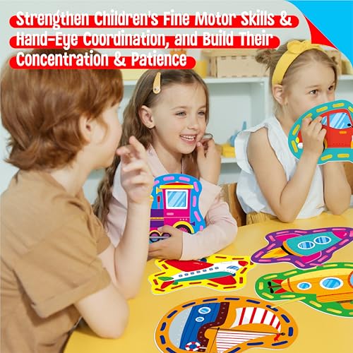 Image of SpriteGru 9 Pieces Kids Lacing Cards, Double Sided Vehicle Sewing Cards with 9 Colorful Laces, Imagination Development Lacing Toys Games for Children Educational and Learning Activity