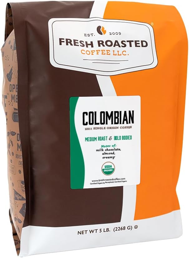 Fresh Roasted Coffee, Organic Colombian | USDA Organic, 100% Single Origin, Kosher | Medium Roast 5 lb (80 oz) Whole Bean