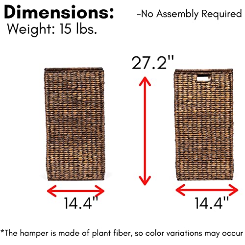 Birdrock Home Single Laundry Hamper With Liner And Lid - Brown Wash - Hand Woven Natural Seagrass Fiber - Organize Clothes Storage - Easy Transport - Single Basket - Liner Bag #TOP4