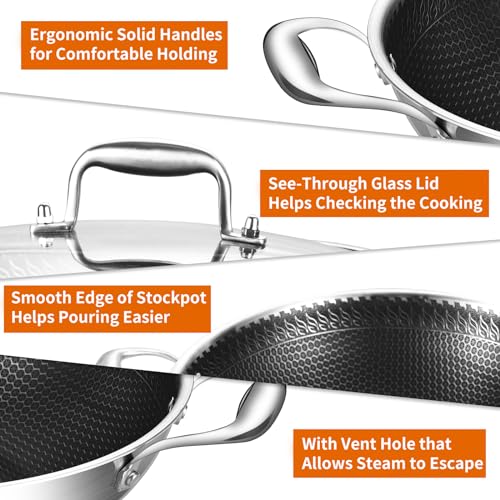 Image of DELARLO 13 Inch Stainless Steel Nonstick Wok Pan with Lid 5.5Qt Pot | Tri-Ply Deep 5.5-quart wok with dual handles heats evenly, is oven safe to 550F, and works with induction and all cooktops.