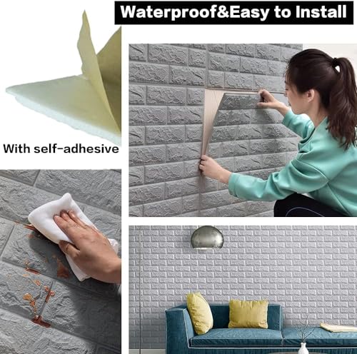 Image of Self-Adhesive Waterproof PE Foam 3D Wall Panels Wallpaper Sticker for Bathroom Living Room and Home Decoration (70 x 77cm, Appx. 5.8Sq Feet) (Grey, 1)