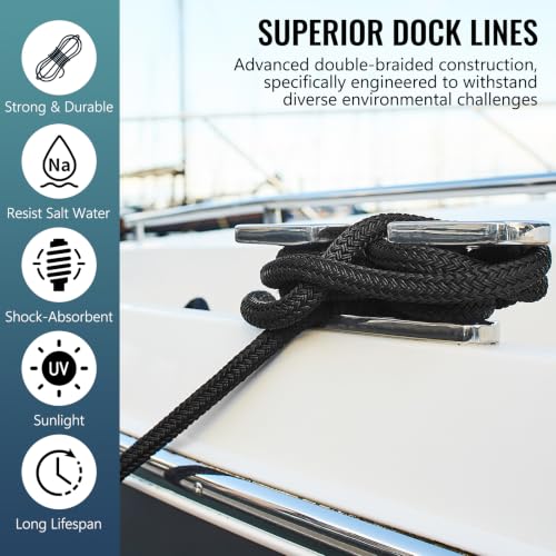 Image of 2 Pack 3 /4 inch x 20' Boat Dock Lines, Improved Double Braided Nylon Boat Ropes for Docking with 15 inch Loop, Hurricane-Resistant Grade Marine Rope for Sailboats,Pontoons,Fishing Boats, Black