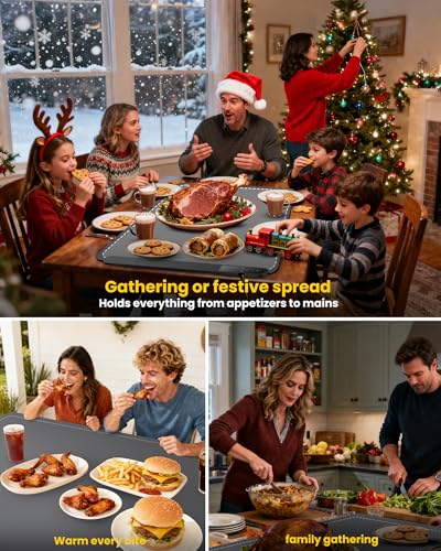 Graphene Large Food Warming Mat 500W 24\"x16\" with Insulation Pad for Countertop, Chafing Dishes for Buffet, Food Warmers for Parties, Hot Pads for Kitchen, Portable Heating Pad, Custom Setting, Grey