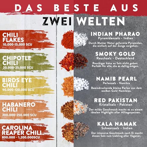 TIMBER TASTE® Scharfes Salz & Chili Gewürze Geschenkset [BIS 950.000 SCOVILLE] - Erlesene Salze & Chilli Gewürze aus aller Welt - Besonderes Gewürz Geschenk für Männer & Frauen - 10er Set
