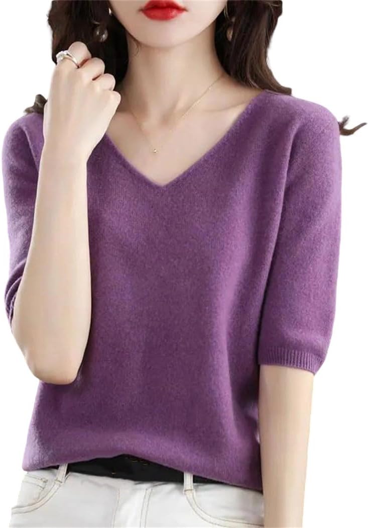 Women's Short Sleeve V-Neck Sweater 100% Merino Wool Pullover Solid Knit Top Basic Casual Half Sleeve Blouse