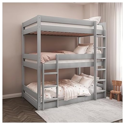 Blisswood Bunk Bed, 3ft Triple Bunk Bed With Ladder High Sleeper Kids Bed, Solid Pine Wood Kids Children Bed frame for Bedroom, Grey (L197 x W96 x H198 cm)