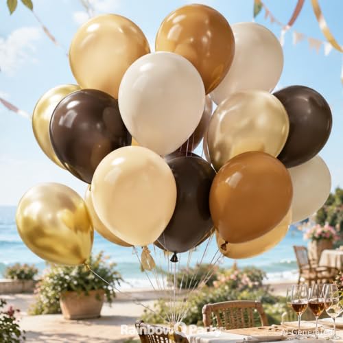 Image of RainbowQ Brown and Gold Balloons: 67PCS 12 inch Tan Sand White Metallic Gold Latex Helium Coffee Balloons Set for Anniversary Wedding Birthday Party Decorations