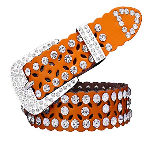 PmseK Cinturones Mujer, Fashion Rhinestone Cow Genuine Leather Belts For Women Luxury Pin Buckle Woman Belt High Quality Waist Strap For Jeans Female Orange A 100cm