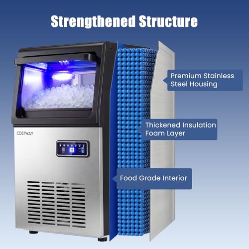 COSTWAY Commercial Nugget Ice Maker Machine, 90 Lbs/24H Chewable Pellet Ice, 10 Lbs Storage Bin, Self-Cleaning, Under Counter Soft Sonic Ice Machine for Office Kitchen Bar Cafe, Stainless Steel | 15Lbs Storage Bin, Self-Cleaning, Under Counter Soft S