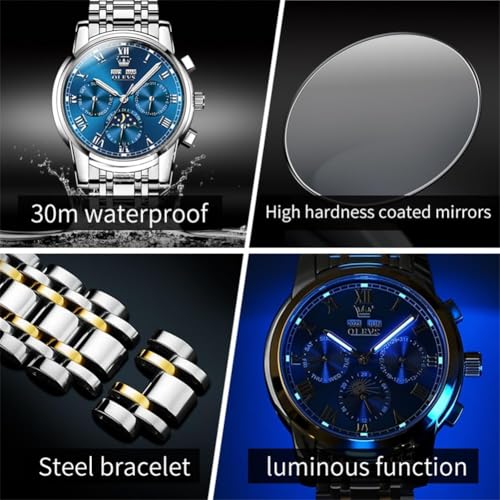 Image of OLEVS Mens Automatic Watch Mechanical Self Winding Luxury Business Dress Moon Phase Stainless Steel Calendar Wrist Watches for Men Waterproof Luminous