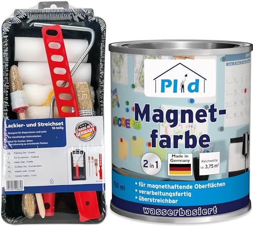 Plid® Magnetfarbe Anthrazitgrau - [überstreichbar] - auf Wänden, Türen, Möbeln - z. B. Holz,-Metall- und Kunststoffoberflächen - Beton & Putzflächen Wandfarbe magnetisch - Made in Germany 0,75l - Set