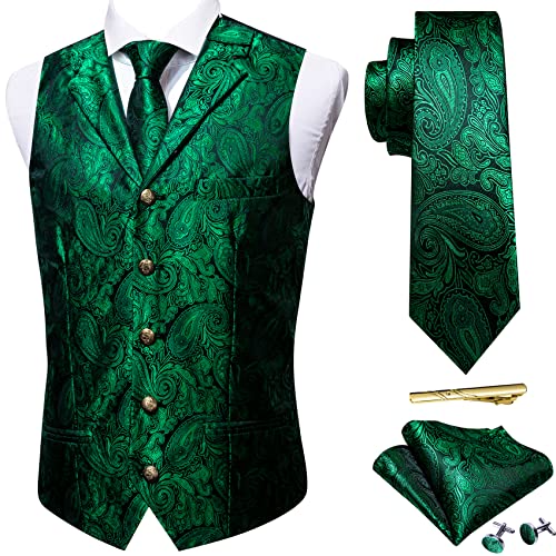 Image of Barry.Wang Men Emerald Green Paisley V-neck Suit Vest Silk Jacquard Waistcoat Tie Clip Set for Tuxedo