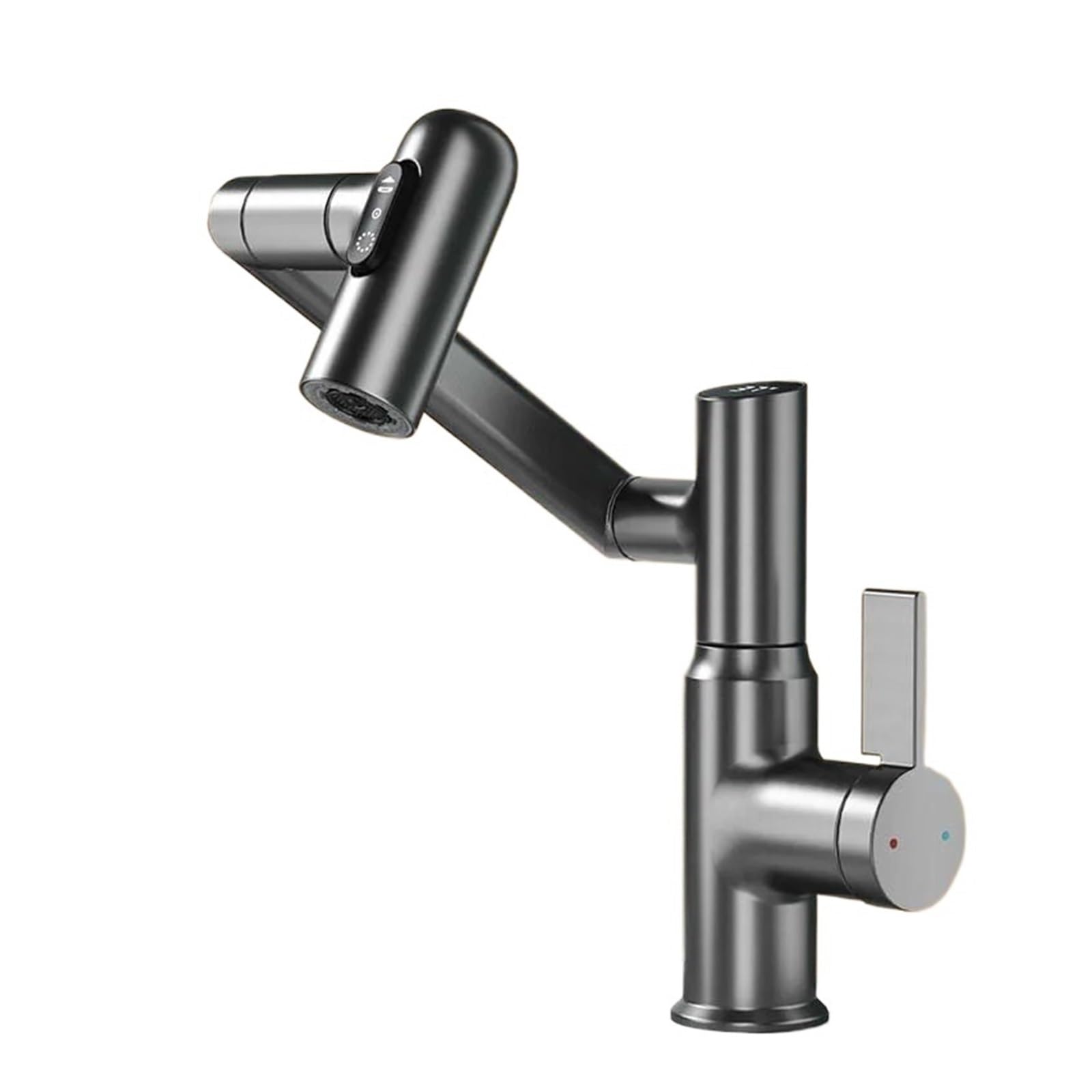 Grifo de lavabo extraíble giratorio de 360° con mezclador de agua caliente y fría, montaje en encimera, pistola de pantalla digital, gris, grifo moderno para lavabo de baño para estilo y funcionalidad