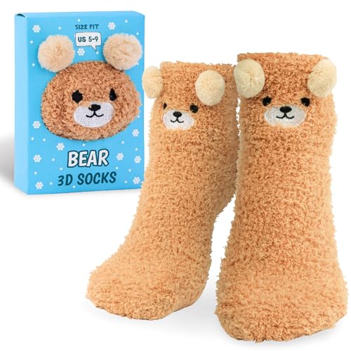 Image of POPCRAZE Bear Gift Fuzzy Crew Socks with 3D Ears Unisex Size 5-9