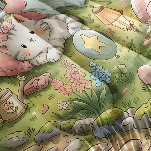 Image of AILONEN Cute Cat Comforter Set Twin Size 3 Pieces Kawaii Kittens Garden Bedding for Girls Kids Cartoon Animal Quilt Pink Flower Green Grass Meadow Duvet Alternative Soft Microfiber Sleeping Covers