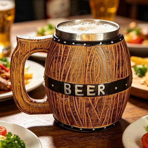 Taza de cerveza de 550ml con asa de acero inoxidable estilo rústico para hogar y cocina 4